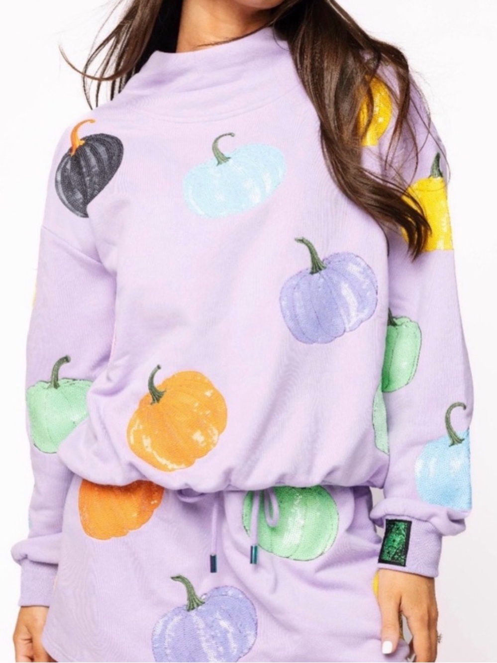 Queen of Sparkles Lavender Multi Pumpkin Mockneck Sweatshirt Small